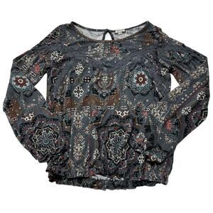 Eyeshadow Peasant Top Womens Size M Gray Paisley Long Sleeve Boho Bohemian Fairy